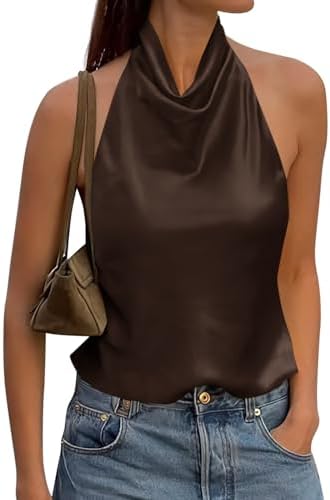 MakeMeChic Women's Summer Satin Silk Backless Halter Tank Tops