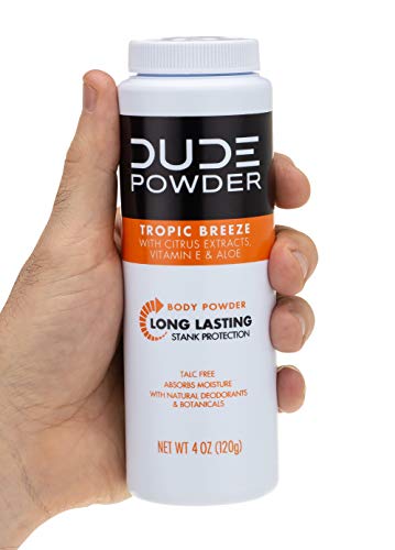 DUDE Body Powder, Tropic Breeze 4 Ounce Bottle Natural Deodorizers With Citrus Extracts & Aloe, Talc Free Formula, Corn-Starch Based Daily Post-Shower Deodorizing Powder for Men