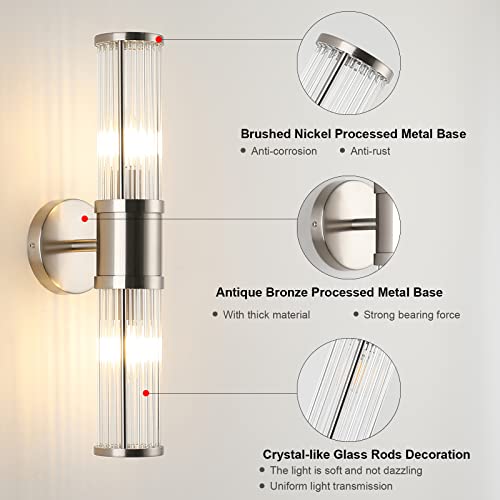 Industrial Wall Sconce Brushed Nickel Bathroom Light Fixtures, ECOBRT Indoor Glass Bath Vanity Lights for Mirror Sconces Lamps Up and Down Wall Mounted Lighting E12 Socket
