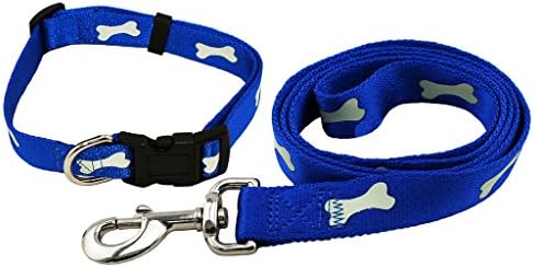 SanHoo Durable Nylon Dog Leash &amp; Collar Set - Reflective with Glow in the Dark Bone Print for Night Time Safety &amp; Visibility - Size Xsmall
