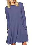 Women's Long Sleeve Pockets Casual Swing Plain T-shirt Dress,Deepblue,Large