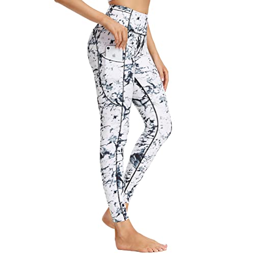 HOUMOUS WOMEN’S 4 OUT POCKETS BUTTERY SOFT HIGH WAISTED FULL-LENGTH YOGA PANTS (MARBLE,L)