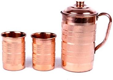 Jaipur Kala Kendra Copper Jug 2000Ml Pitcher With 2 Glass Tumbler, Serveware & Drinkware, Ayurveda, Set Of 3