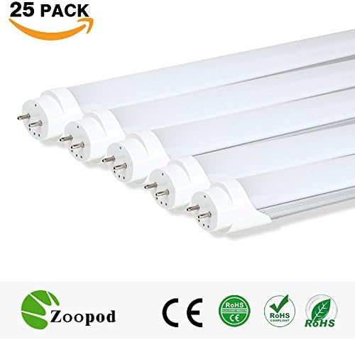 zoopod T8 LED Tube Light, 6500K Cool White,3000K Warm White, Frosted Cover (25Pcs, 3000~3500K) 4ft 18W (32w Fluorescent Replacement) 25-pack 10-pack
