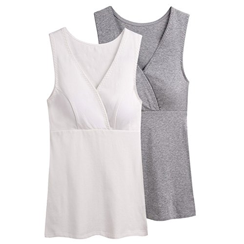 Topwhere Women Nursing Tanks Sleep Tank Top For Maternity/Breastfeeding (L, White +Grey)