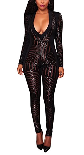 Womens Black Sequin Mesh Patchwork Plunging V Neck Bandage