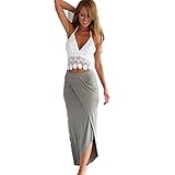 Keepfit Two Piece Crop Tops and Skirt Dress Set, Womens Lace Slim Backless Dresses (L, White)