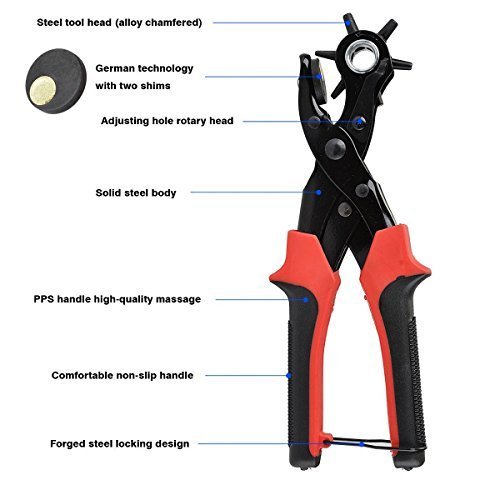 Leather Hole Punch Set for Belts, Watch Bands, Straps, Dog Collars, Saddles, Shoes, Fabric, DIY Home or Craft Projects. Super Heavy Duty Rotary Puncher, Eyelet Pliers, Multi Hole Sizes Maker Tool - Thumbnail 2