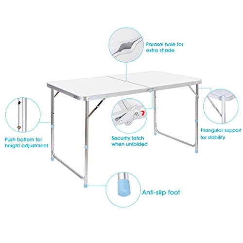 Finether Height Adjustable Folding Table, Lightweight Portable Aluminum Folding Table with Parasol Hole Multi-Purpose Indoor Outdoor Picnic Party Home Kitchen Dining Cookout Camping Table