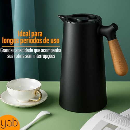 Garrafa Térmica Café 1 Litro Preta YAB Cabo de Madeira C/Botão Nórdica