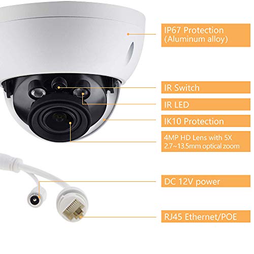 4MP Varifocal Poe IP Security Camera IPC-HDBW4433R-ZS 2.7mm~13.5mm Lens Motorized 5X Optical Zoom Outdoor Indoor Video Surveillance Camera Dome with 50m IR Night Vision,H.265,IK10,ONVIF,IP67