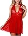 Ruzishun Women Deep V-Neck Babydoll Halter Transparent Lace Sexy Lingerie Sleepwear (L, Red)