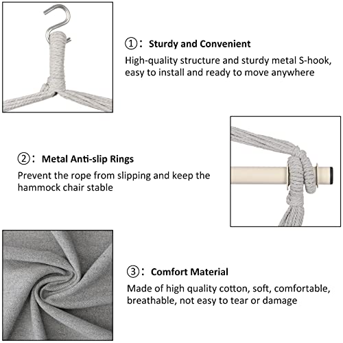 Y- STOP Hammock Chair Hanging Rope Swing, Max 500 Lbs, Hanging Chair with Pocket, Removable Steel Spreader Bar with Anti-Slip Rings, Quality Cotton Weave for Comfort, Durability, Light Grey