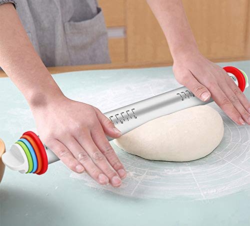 Adjustable Rolling Pins, Smooth Non Stick Stainless Steel Dough Roller with Thickness Rings for Bakery Cookie,Pizza, Pie, Dumping, Fondant Dough and more