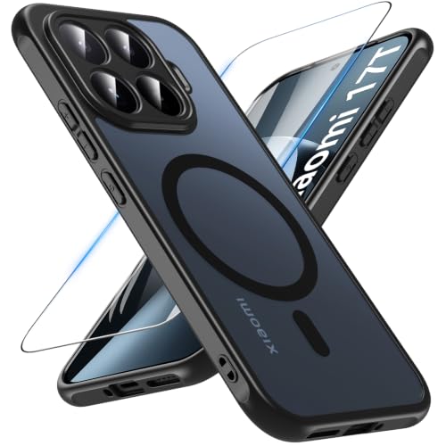 OWKEY Magnetic Case for Xiaomi 17T with Tempered Glass, Shockproof Protective Camera Case Cover for Xiaomi 17T (Black)