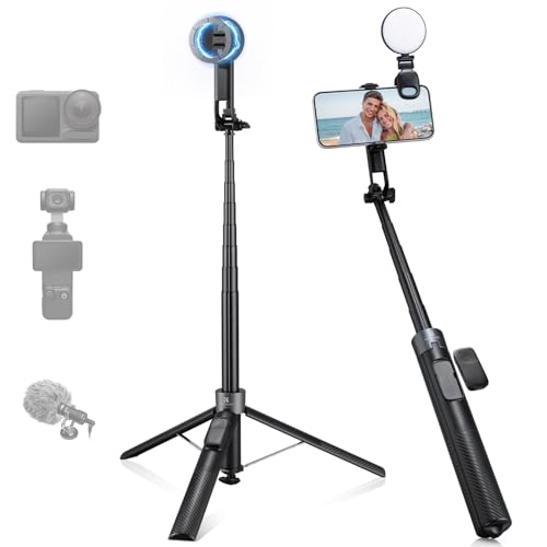 K&F CONCEPT 180cm Trípode para móvil, Palo Selfie magnético y con Pinza, luz Relleno y Mando a Distancia, Soporte automático Compatible con iPhone 17-12, Osmo Pocket 4/3 e Insta360 X5 Luna Ultra