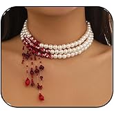 Dripping Vampire Necklace for Women Gothic Blood Pearl Choker Layered Bleeding Pearls Vampire Necklaces Halloween Dark Bridal Vampires Witch Party Jewelry Accessories