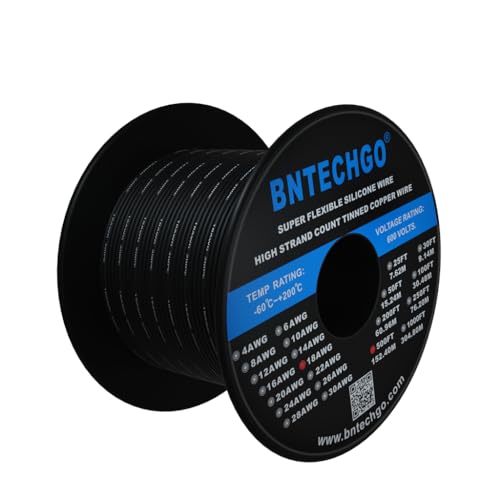 BNTECHGO, 18 AWG Flexible Silicone Wire Spool, Tinned Copper Stranded, 152 Meters Spool, Black