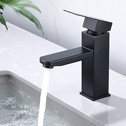 HOMELODY Bathroom Tap, Black, Washbasin Tap, Basin, Square Bathroom Mixer Tap, Stainless Steel, Single Lever Mixer Tap