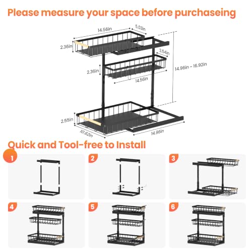 Aekenr Under Sink Organizer and Storage for Bathroom and Kitchen - 2 Pack 3 Tier Under Cabinet Pull Out Shelf Organizers - Slide Out Drawer Organization for Home Cabinets Shelves and Drawers