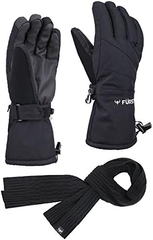 FURST Women's Storm Touchscreen Winter Ski Gloves + Scarf Set, Pocket, Thinsulate, Waterproof, Black, S