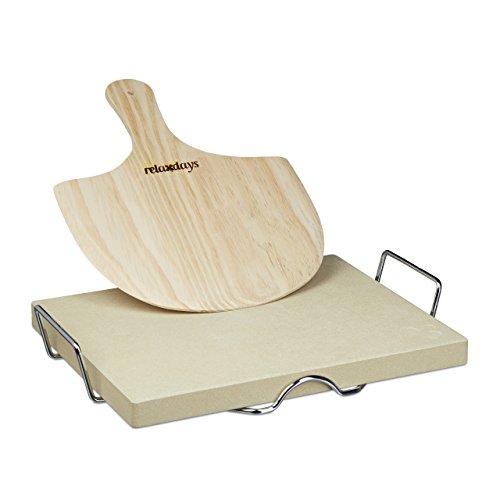 Relaxdays Pizzastein Set 3 cm Stärke mit Metallhalter und Pizzaschieber aus Holz HBT: 7 x 43 x 31,5 cm rechteckiger Brotbackstein für Pizza und Flammkuchen mit Pizzaschaufel für Pizzaofen, natur