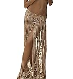 Bestyou Women's Crochet Knit Elastic Waist Tassel Fringe Cover up Beach Maxi Skirt