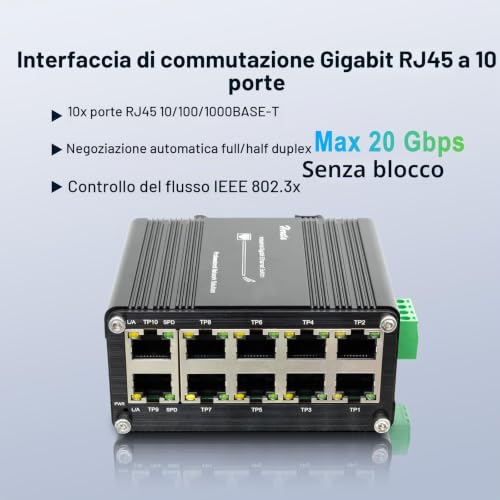Industrial Ethernet Switch 10 Port Gigabit Ethernet Splitter 10/100/1000Mbps 10 x RJ45 Ports Plug & Play for PC NAS Server Router Monitor Game Console