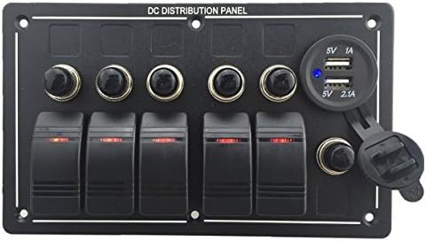 Iztoss Waterproof 5 Gang Aluminum LED Rocker Switch Panel Power Socket Marine Boat