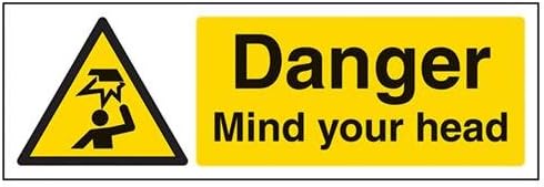 V Safety 63034AX-S Danger Mind Your Head Sign, Landscape, Self Adhesive Vinyl, Black/Yellow, 300 mm x 100 mm