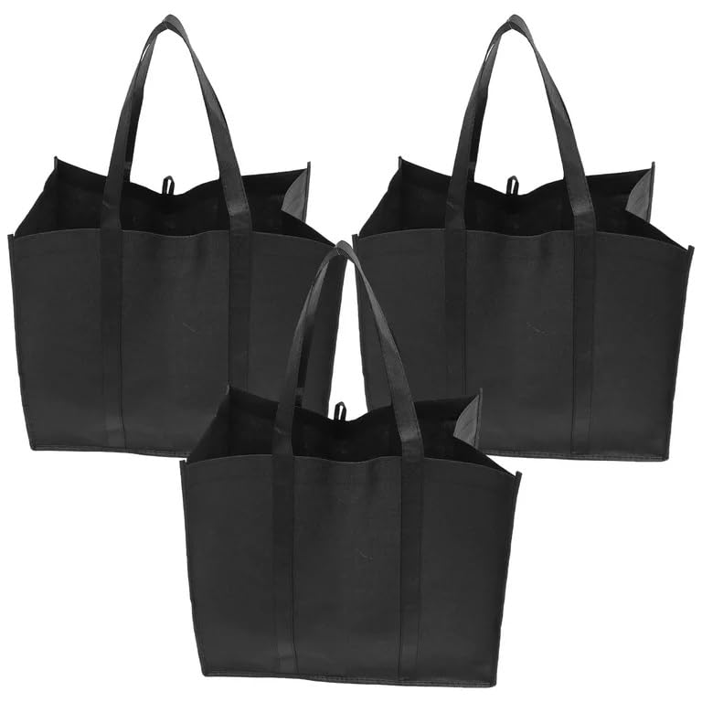 3 Pack Black Reusable Grocery Bags Shopping Bag Tote Bag with Handles Foldable Washable Stands Upright Reinforced Bag with Handles And Small Hook-Hold 44+lbs(20 KG) Extra Large & Durable(17”x 10”x15”)