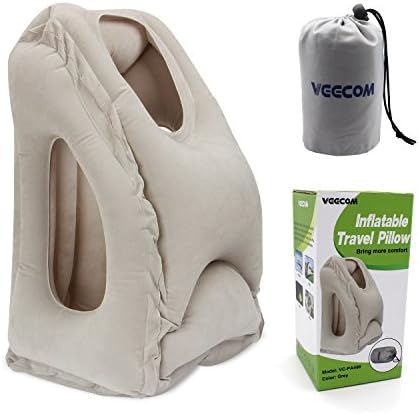 Inflatable Travel Pillow Veecom Ergonomic and Portable Head Neck Rest Pillow for Airplanes, Buses, Trains. Patented Product