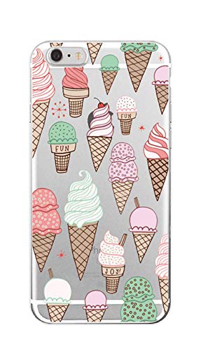 Clear Pink Ice Cream iPhone 8 Plus Sized Case, Bigger Screen Brown Green Food Themed 7 Plus Cover Milk Dairy Cream Cute Fun Colourful Sugar Cone Cherries Swirl Sundae Fruit, Plastic