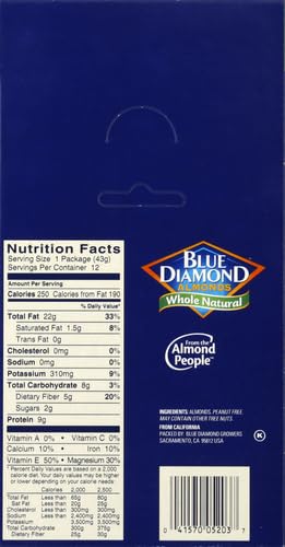 BLUE DIAMOND ALMONDS, WHOLE NATURAL FLAVORED SNACK NUTS, SINGLE SERVE BAGS (1.5 OZ. TUBES, PACK OF 12)