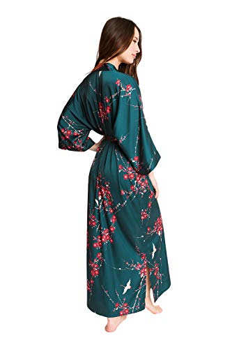 Old Shanghai Women's Kimono Robe Long - Watercolor Floral, Cherry Blossom & Crane- Teal, One Size. - Thumbnail 5