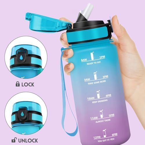 Garrafa de água infantil, 500ml com palha, cantil infantil, à prova de fugas, garrafas de água para crianças, com marcador de horas, cantina, para escritório, escola, yoga, azul roxo