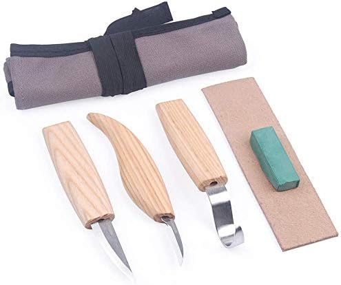 5pcs Wood Carving Tools Set with 3 Hook Sloyd Detail Knives + Polishing Wax + Sharpening Leather + Canvas Bag for Beginners and Professional Woodcarvers