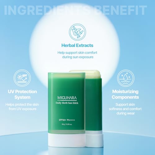 MIGUHARA Daily Herb Sun Stick SPF50+ PA++++, 20g, Vegan Korean Sunstick with Niacinamide & Calming Botanicals Herb Extract, Clear Zero White Cast Formula, Semi-Matte Dewy Finish, EWG Green Grade