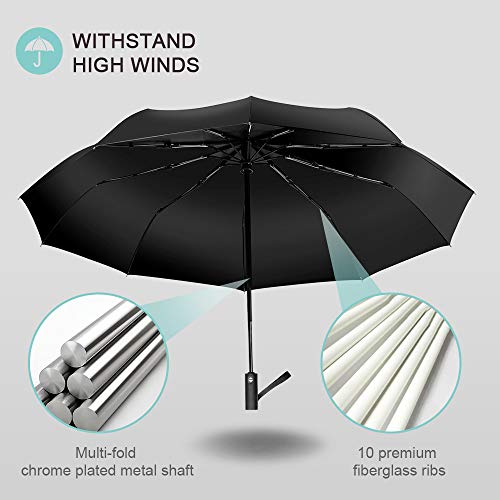 Wsky Auto Windproof Umbrella - Best 10 RIBS Folding Travel Umbrella with Bonus Leather Cover for Men Women - Perfect for Travel, Rain, Storms, Hail or Harsh Outdoors