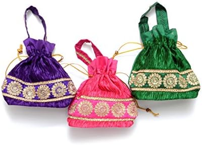 Set of 3 - Vibrant Indian Batwas Potli Bags for Women Wedding Sangeet Mehendi Party-sku101328