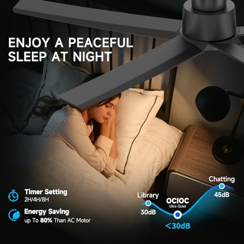 ocioc Ventiladores de techo con luces, 52 pulgadas, motor CC silencioso reversible, regulable, negro ventilador de techo para interiores y exteriores