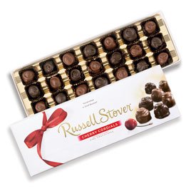 Russell Stover Cherry Cordials Box 9.25 Ounce Russel Stover Chocolate Candy Cherry Cordial; A Blend of Cherry, Sweet Syrup Covered in Smooth Chocolate Candy; Cherry Cordial Chocolate Candy Gift Box