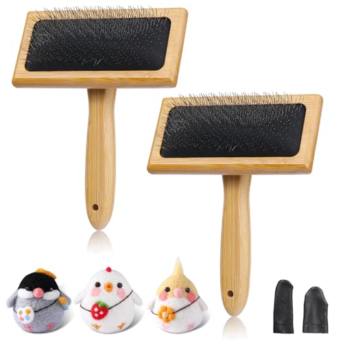 2 Pcs Large Wooden Wool Carders, Needle Felting Carding Brushes Tools with Finger Cots, Wool Needle Felting Brushes for Wool Felting, Spinning Crafts, Pet Grooming