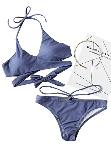 SOLYHUX Women's Halter Wrap Bikini Set Blue M - Thumbnail 3