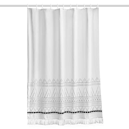 YoKii Boho Fabric Shower Curtain, 84 Inch Extra Long Tassel Striped