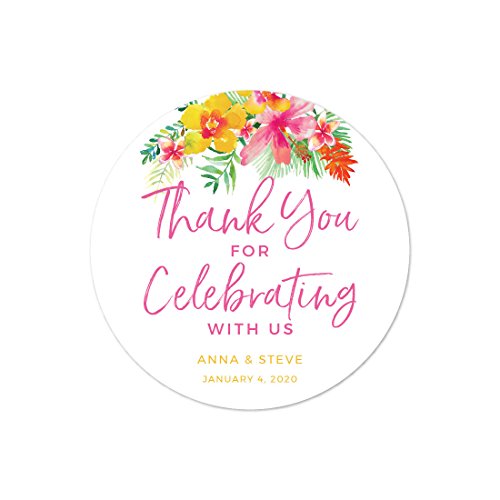 Andaz Press Tropical Floral Garden Party Wedding Collection, Personalized Round Circle Label Stickers, Thank You for Celebrating With Us, 40-Pack, Custom Name