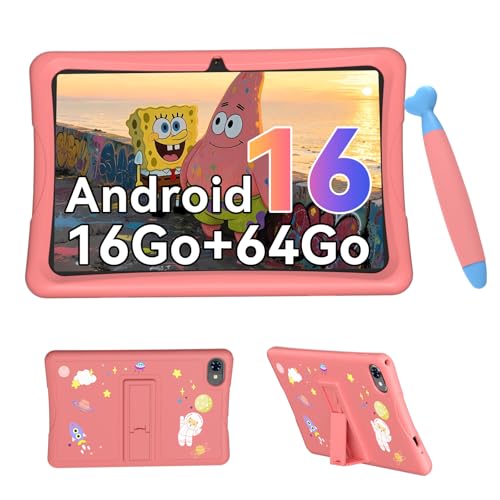 10 Inch Android 16 Tablet for Children 3-14 Years Educative, 16GB (4+12) RAM + 64GB ROM/2TB TF, Parental Control, GMS, 5000mAh, WiFi6, 4 Year Warranty, Tablet with Stylus, Pink