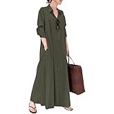 Women Trendy Rolled Up Sleeve Plus Size Shirt Dress Button Down Ankle Length Solid Casual Maxi Dress with Pockets…