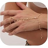 1Pcs Crystal Hand Chain Summer Beach Metal Beaded Hand Chain Finger Ring Bangle Jewelry Bridal Wedding Crystal Hand Bracelet Jewelry for Women