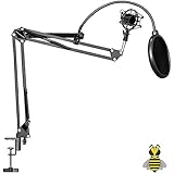 Tree New Bee 2016 Pro Complete Set Microphone Suspension Boom Scissor Arm Stand with Mic Round Wind Pop Filter Mask Shield and Black Shock Mount (TNB-ARM02)